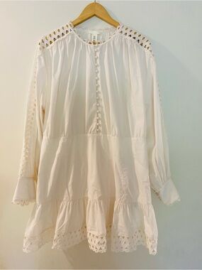 H&M White Cotton Boho Babydoll Dress | XL | Eyelet Lace | Long Sleeve